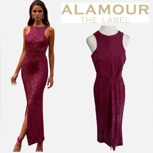 Alamour The Label Gown Dress Wedding Guest Magenta Sequin Glam Formal Prom Sz L - Picture 3 of 16
